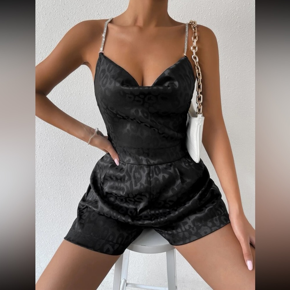 Shein Leopard Print Rhinestone Strap Satin Cami Romper